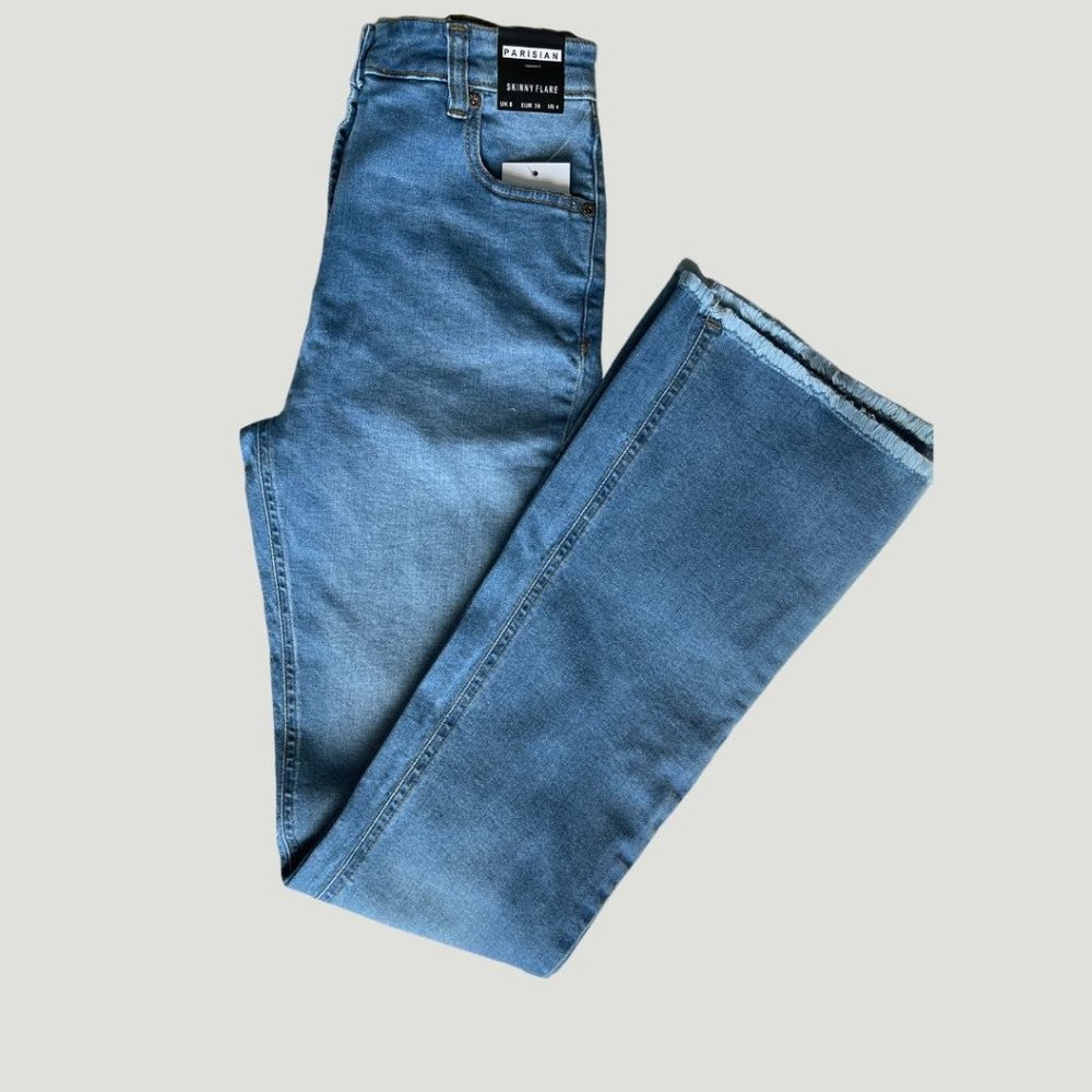Parisian Mid Blue Frayed Hem Flared Denim Skinny Jeans Size 4